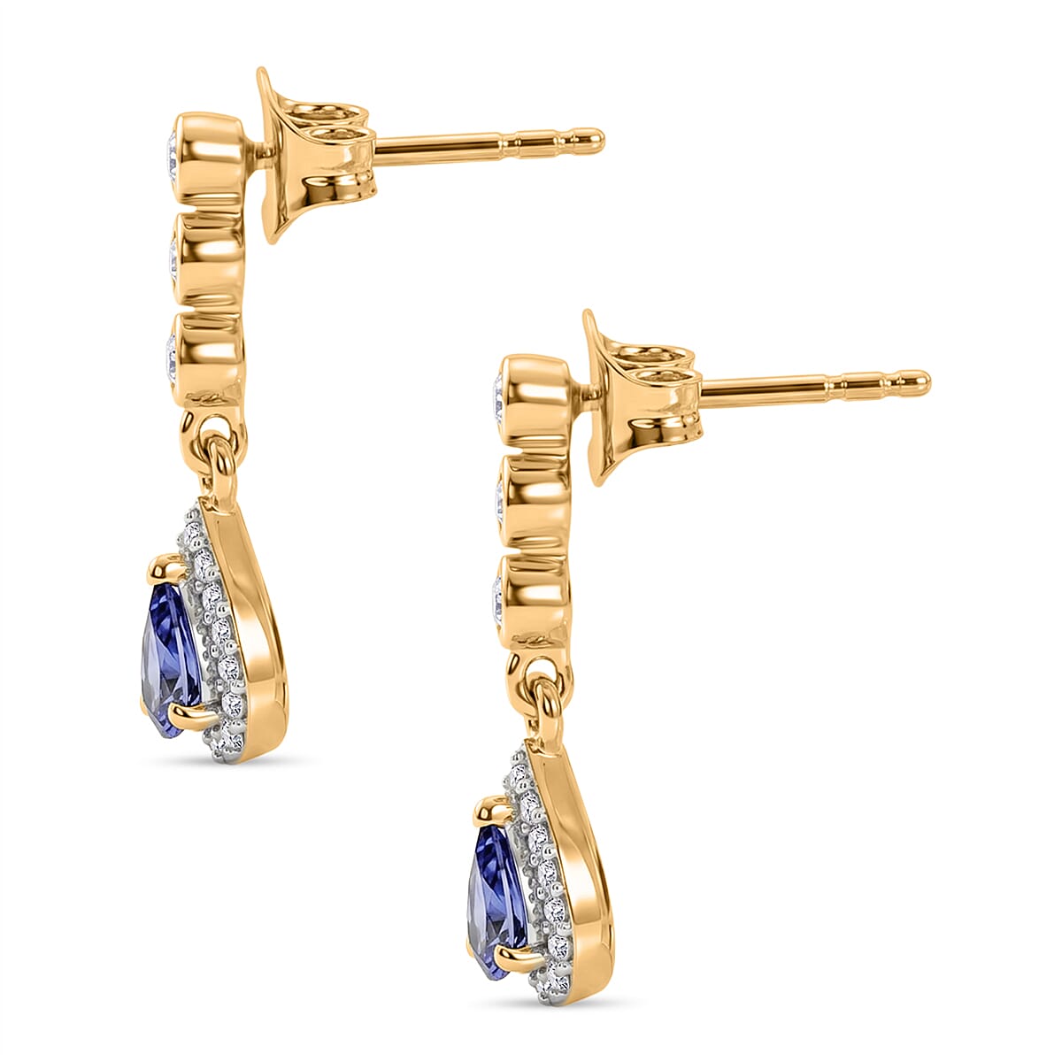 D'Joy - Tanzanite & White Zircon Dangling Earring with Push Post in Yellow Gold Plated Sterling Silver 1.00 Ct.
