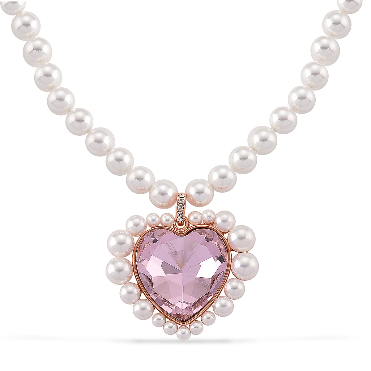 Pink Glass, White Crystal & White Shell Pearl Heart Necklace (Size - 20-2 Ext) in Rose Tone