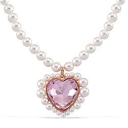 Pink Glass, White Crystal & White Shell Pearl Heart Necklace (Size - 20-2 Ext) in Rose Tone