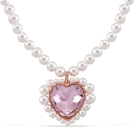 Pink Glass, White Crystal & White Shell Pearl Heart Necklace (Size - 20-2 Ext) in Rose Tone