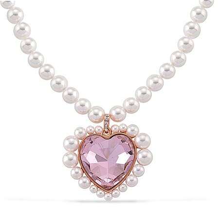 Pink Glass, White Crystal & White Shell Pearl Heart Necklace (Size - 20-2 Ext) in Rose Tone Pink Glass, White Crystal & White Shell Pearl Heart Necklace (Size - 20-2 Ext) in Rose Tone