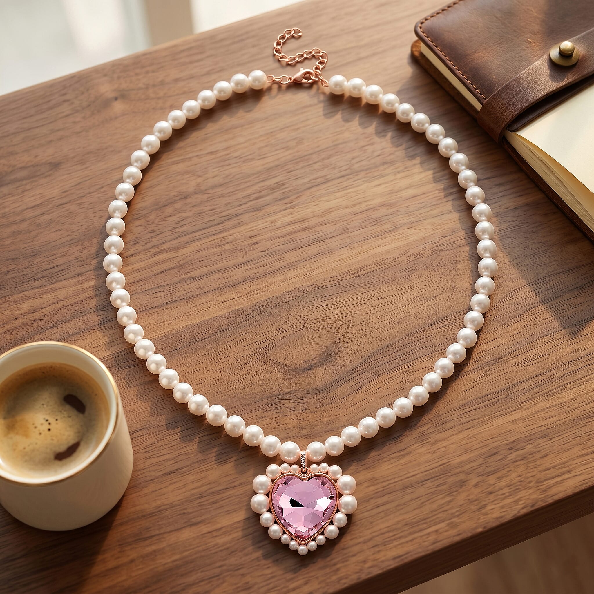 Pink Glass, White Crystal & White Shell Pearl Heart Necklace (Size - 20-2 Ext) in Rose Tone