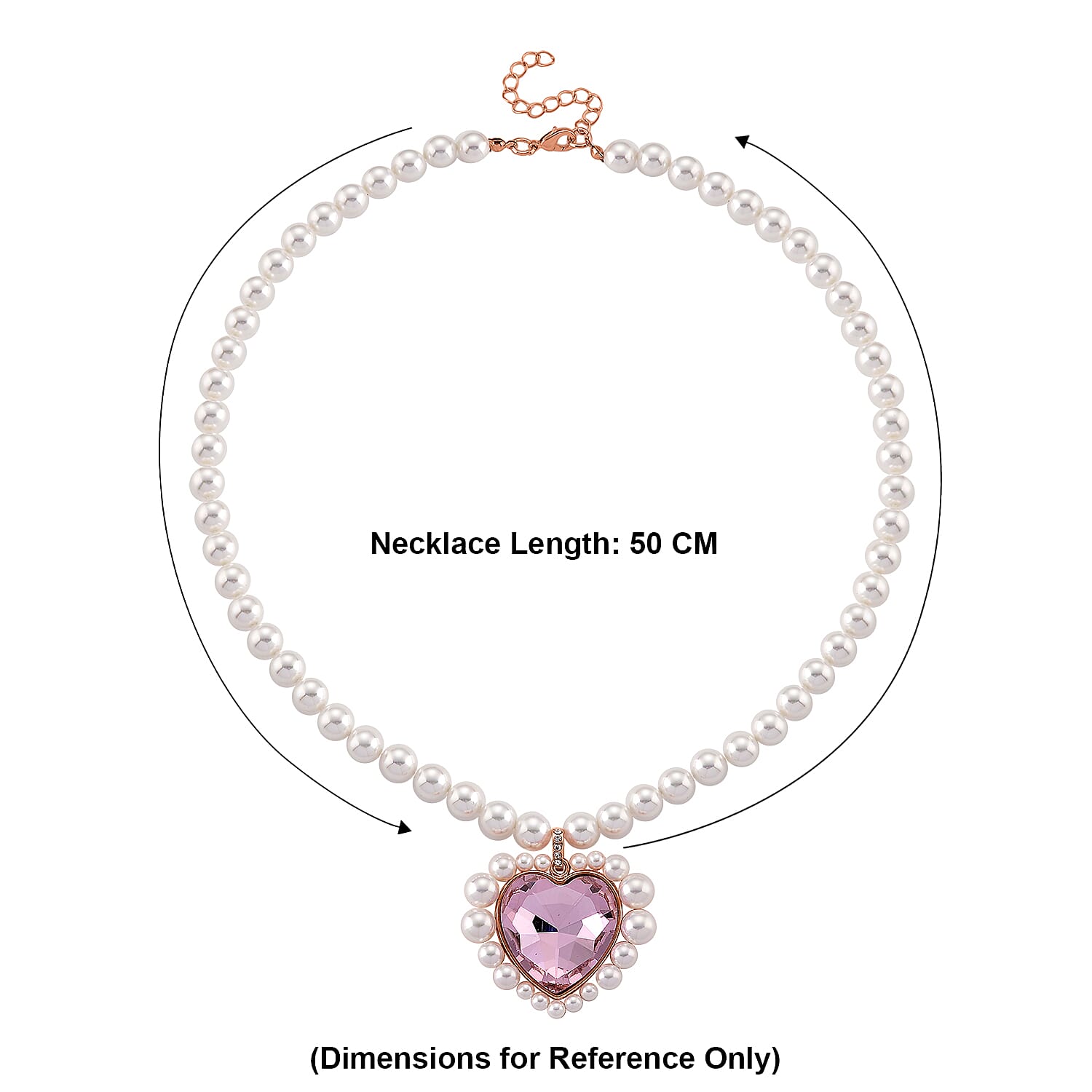 Pink Glass, White Crystal & White Shell Pearl Heart Necklace (Size - 20-2 Ext) in Rose Tone