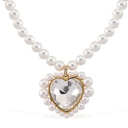 Pink Glass, White Crystal & White Shell Pearl Heart Necklace (Size - 20-2 Ext) in Rose Tone