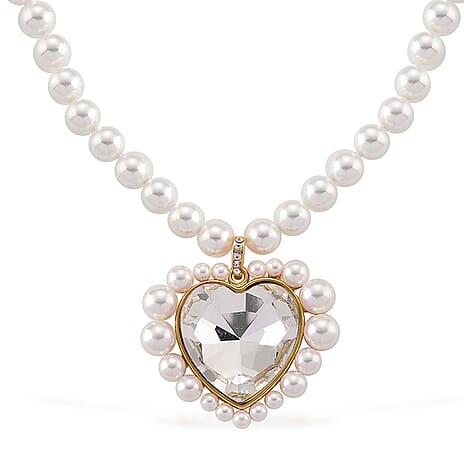 Pink Glass, White Crystal & White Shell Pearl Heart Necklace (Size - 20-2 Ext) in Yellow Tone