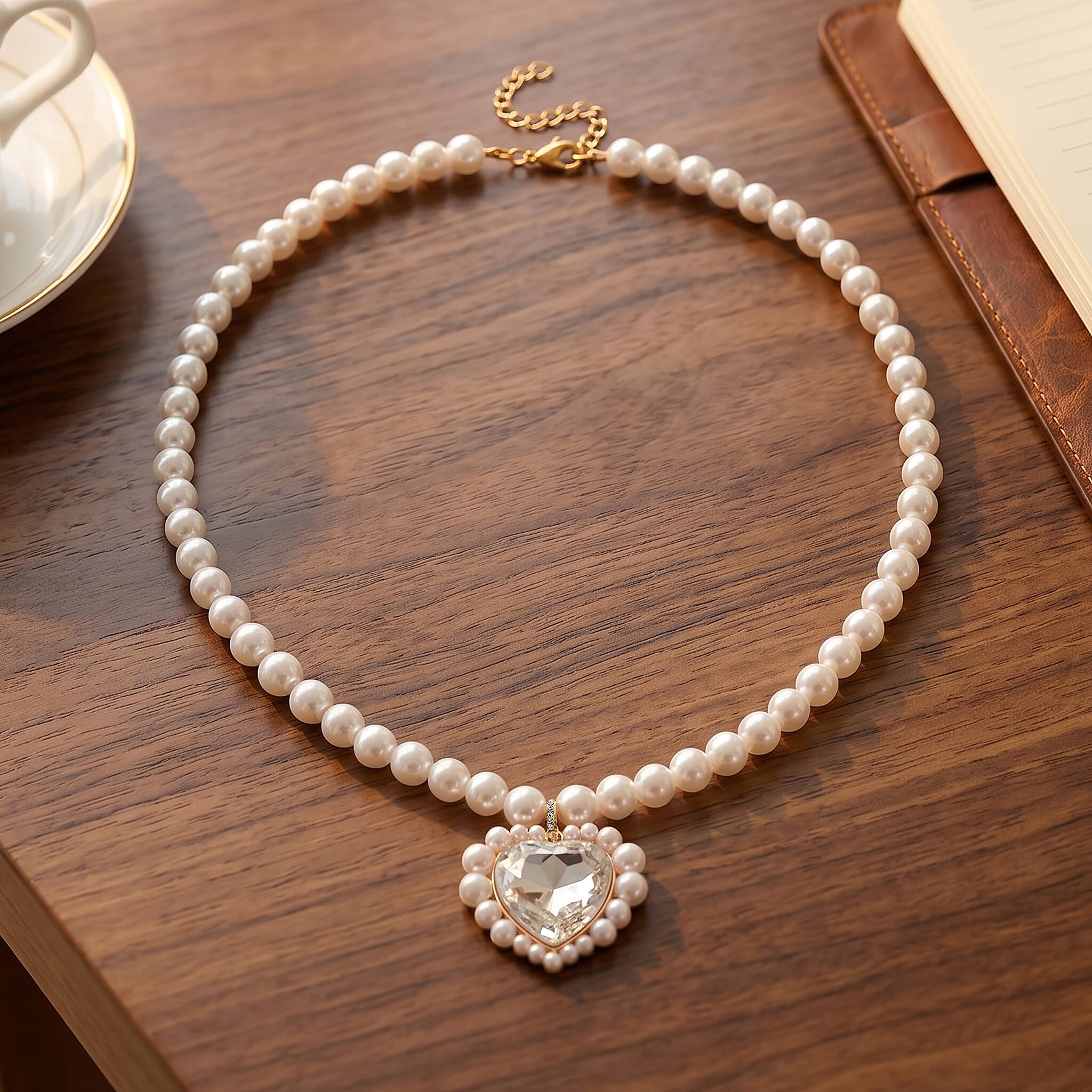 Pink Glass, White Crystal & White Shell Pearl Heart Necklace (Size - 20-2 Ext) in Yellow Tone