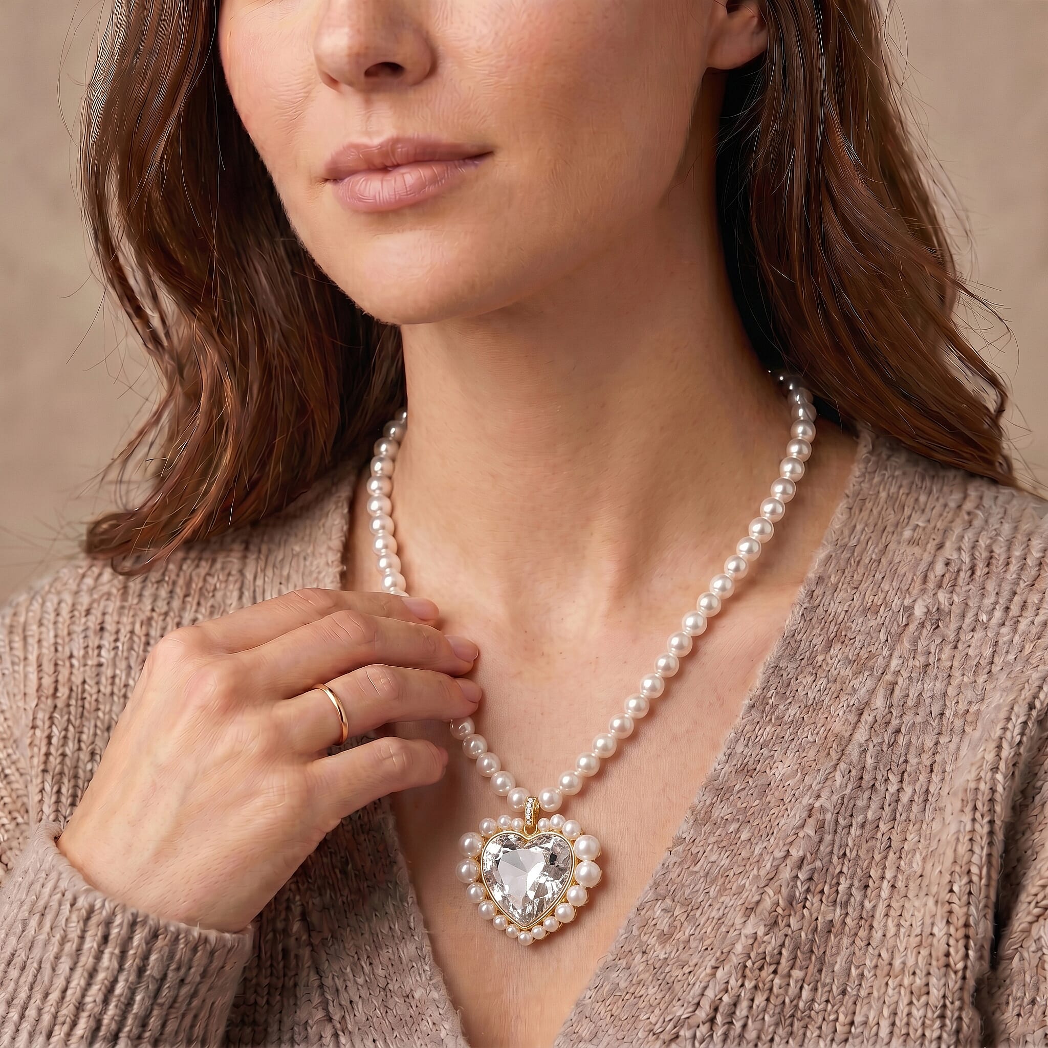 Pink Glass, White Crystal & White Shell Pearl Heart Necklace (Size - 20-2 Ext) in Yellow Tone