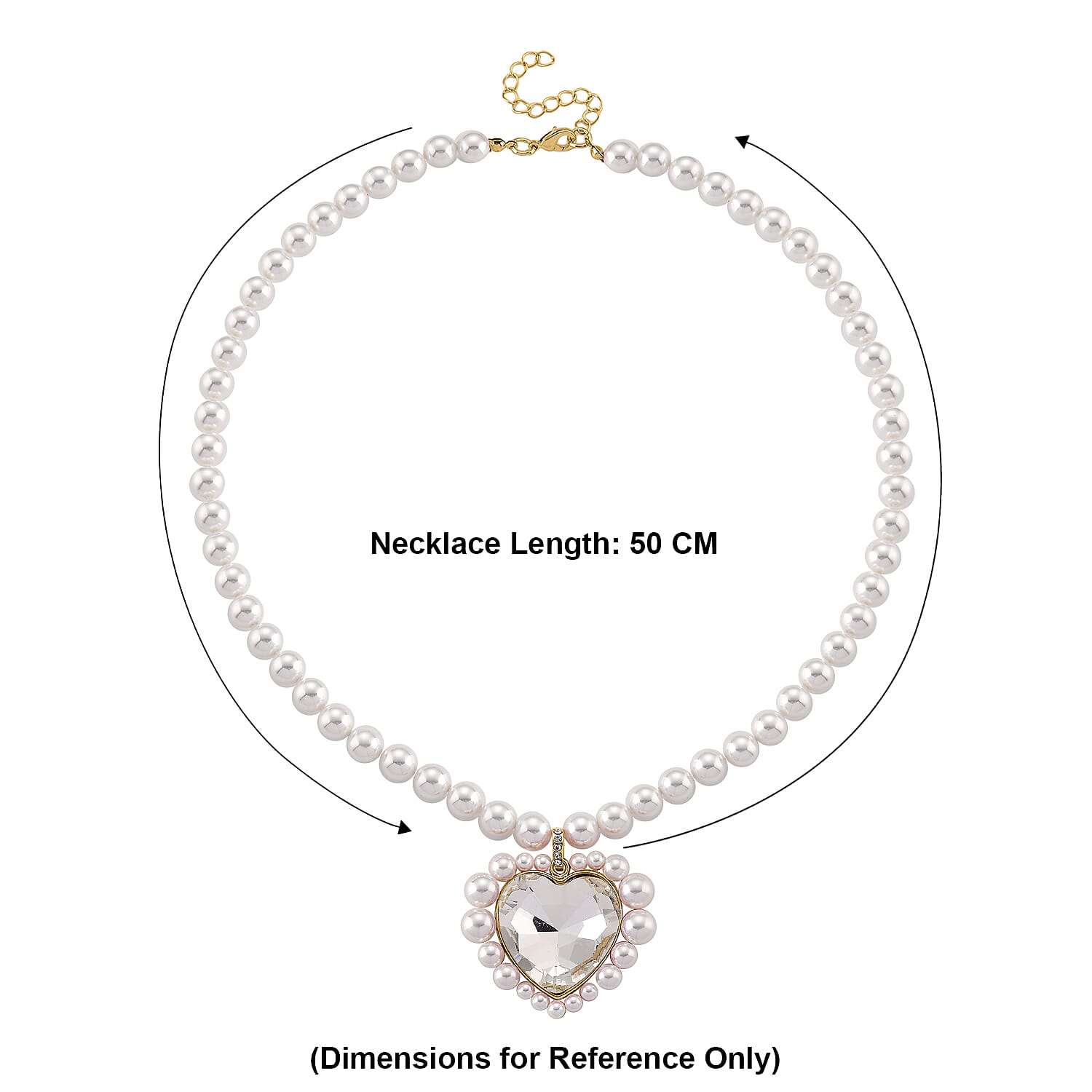Pink Glass, White Crystal & White Shell Pearl Heart Necklace (Size - 20-2 Ext) in Yellow Tone