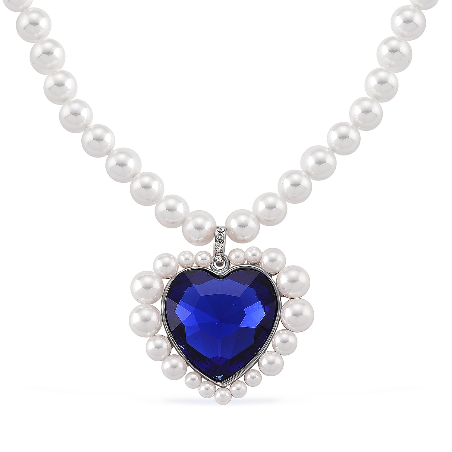 Blue Glass, White Crystal & White Shell Pearl Heart Necklace (Size - 20-2 Ext)