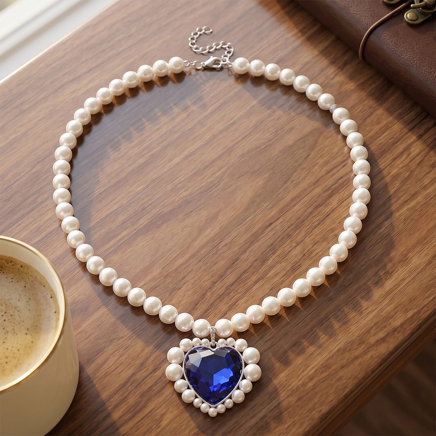 Blue Glass, White Crystal & White Shell Pearl Heart Necklace (Size - 20-2 Ext)