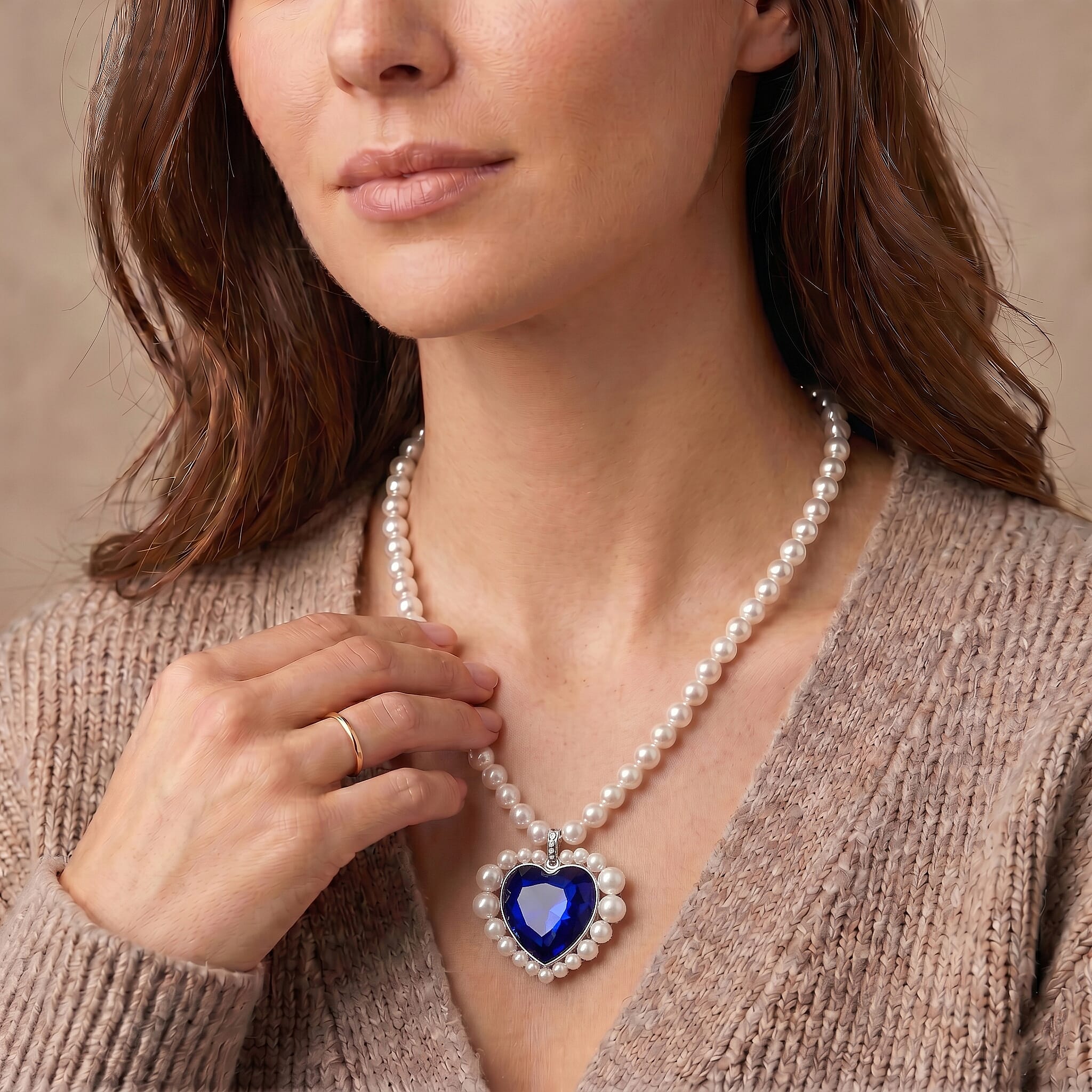 Blue Glass, White Crystal & White Shell Pearl Heart Necklace (Size - 20-2 Ext)