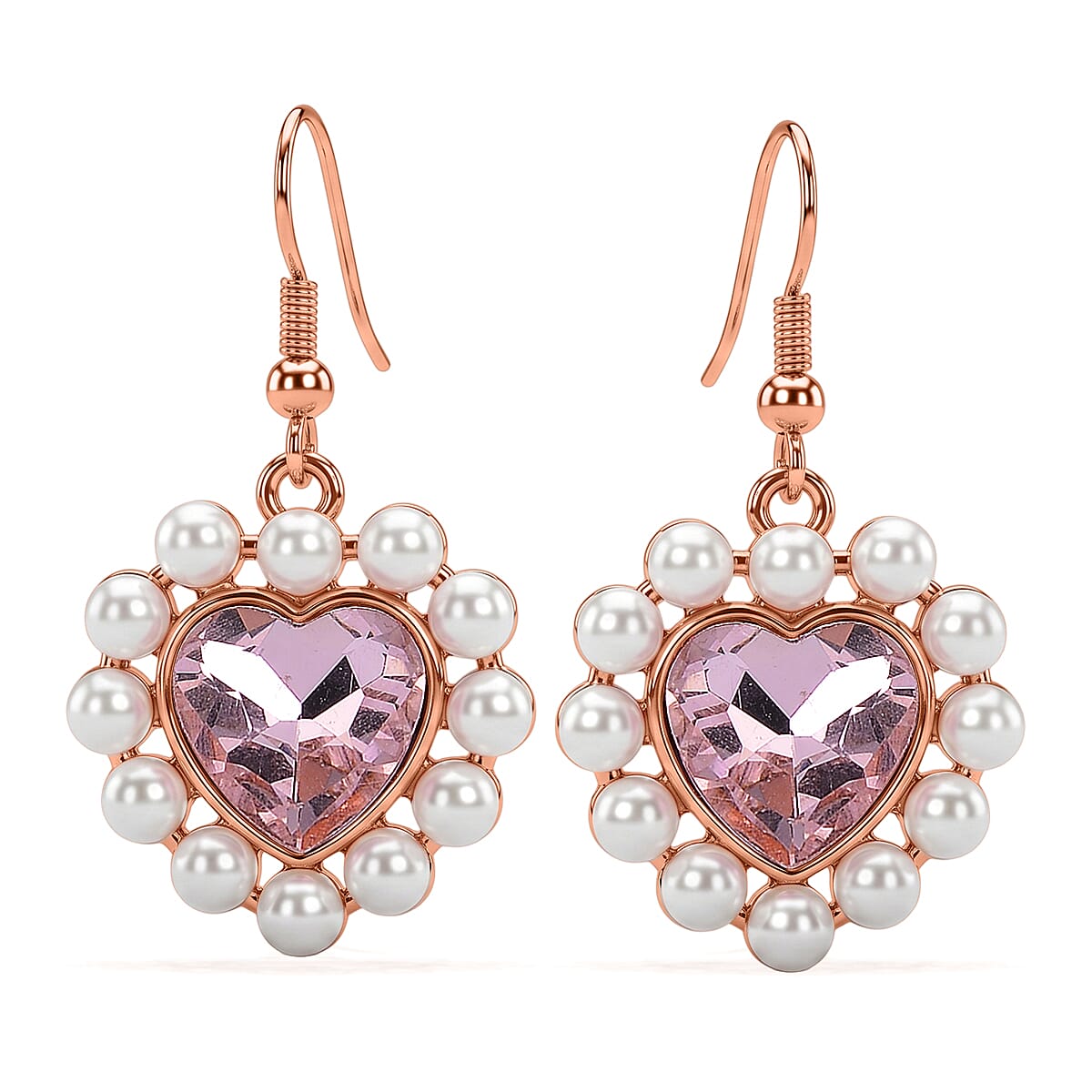 White Shell Pearl & Pink Crystal Dangling Heart Earring with Hook in Rose Tone
