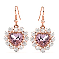 White Shell Pearl & White Crystal Dangling Heart Earring with Hook in Yellow Tone