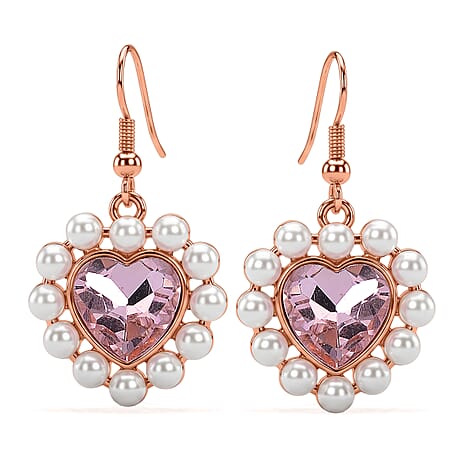 White Shell Pearl & Pink Crystal Dangling Heart Earring with Hook in Rose Tone
