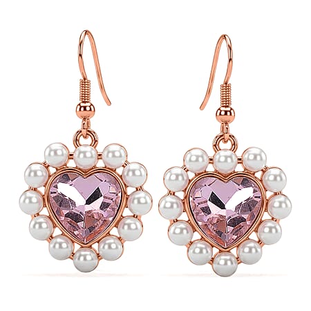 White Shell Pearl & Pink Crystal Dangling Heart Earring with Hook in Rose Tone White Shell Pearl & Pink Crystal Dangling Heart Earring with Hook in Rose Tone