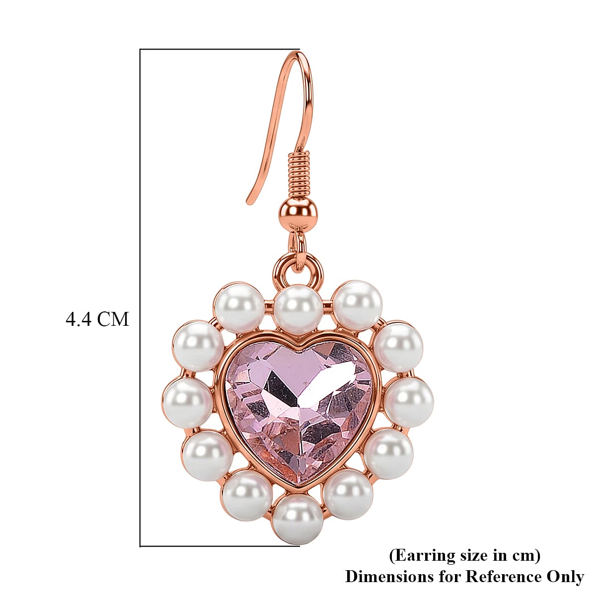 White Shell Pearl & Pink Crystal Dangling Heart Earring with Hook in Rose Tone
