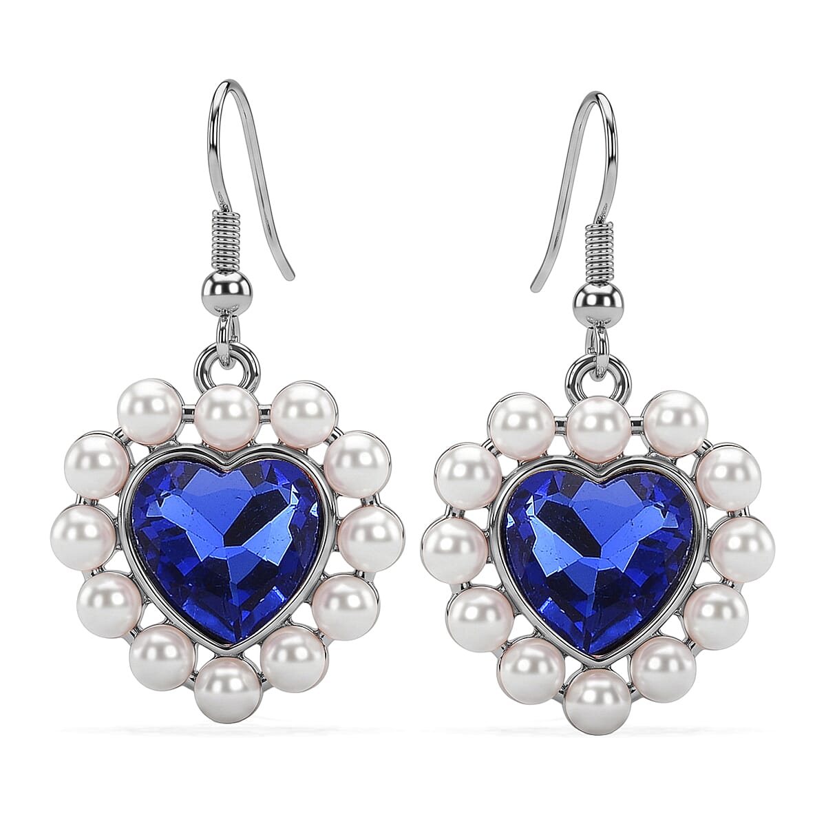 White Shell Pearl & Blue Crystal Dangling Heart Earring with Hook