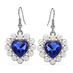White Shell Pearl & White Crystal Dangling Heart Earring with Hook in Yellow Tone