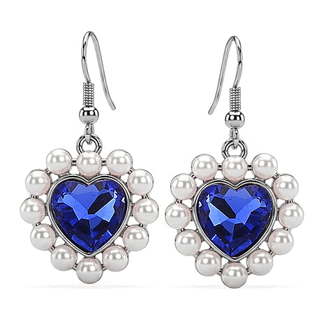 White Shell Pearl & Blue Crystal Dangling Heart Earring with Hook