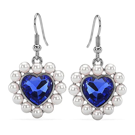 White Shell Pearl & Blue Crystal Dangling Heart Earring with Hook White Shell Pearl & Blue Crystal Dangling Heart Earring with Hook