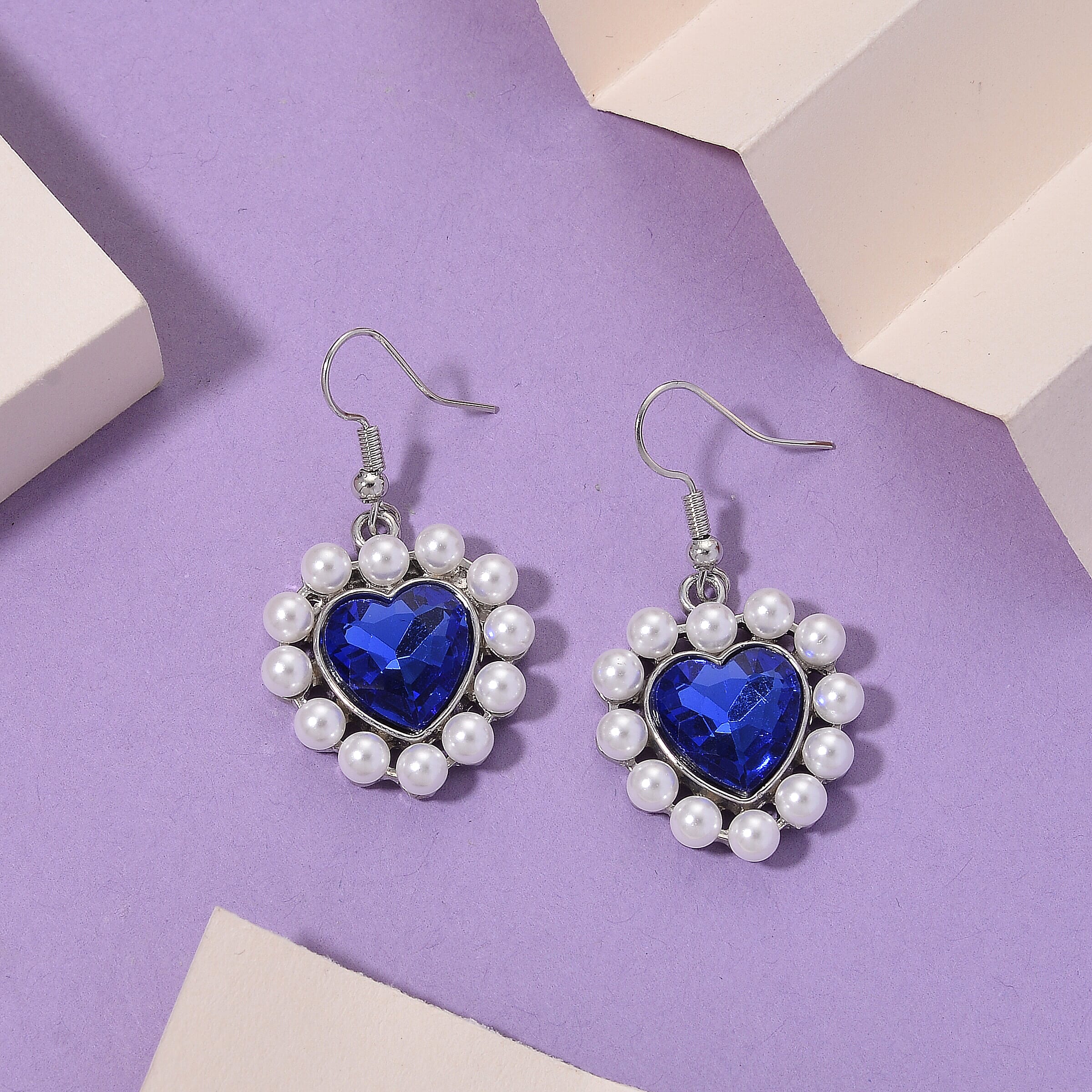 White Shell Pearl & Blue Crystal Dangling Heart Earring with Hook