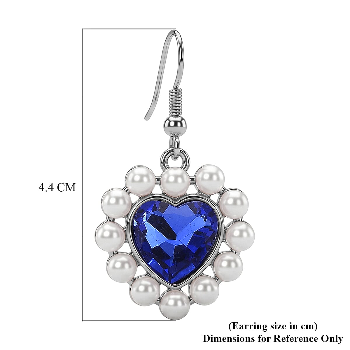 White Shell Pearl & Blue Crystal Dangling Heart Earring with Hook