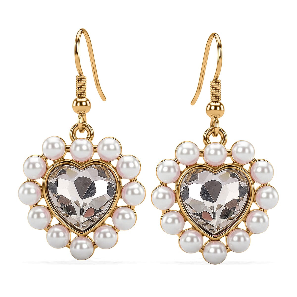 White Shell Pearl & White Crystal Dangling Heart Earring with Hook in Yellow Tone
