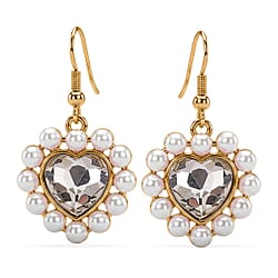 White Shell Pearl & White Crystal Dangling Heart Earring with Hook in Yellow Tone