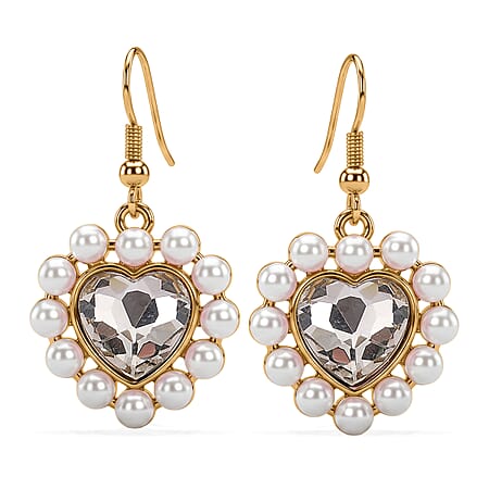 White Shell Pearl & White Crystal Dangling Heart Earring with Hook in Yellow Tone