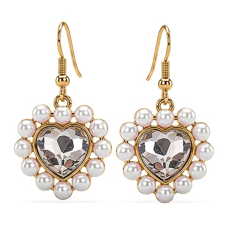 White Shell Pearl & White Crystal Dangling Heart Earring with Hook in Yellow Tone
