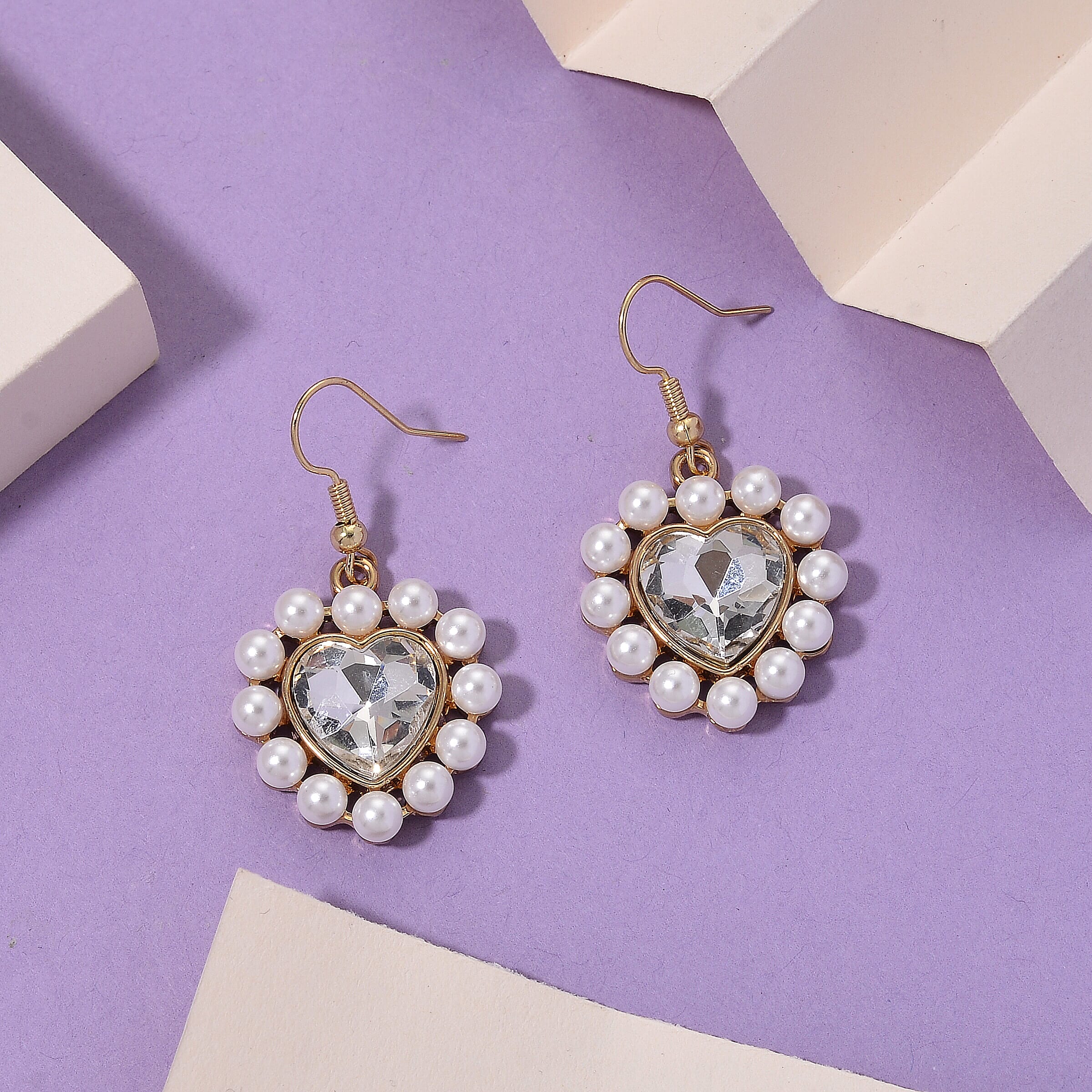 White Shell Pearl & White Crystal Dangling Heart Earring with Hook in Yellow Tone