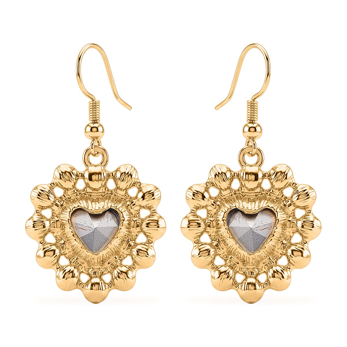 White Shell Pearl & White Crystal Dangling Heart Earring with Hook in Yellow Tone