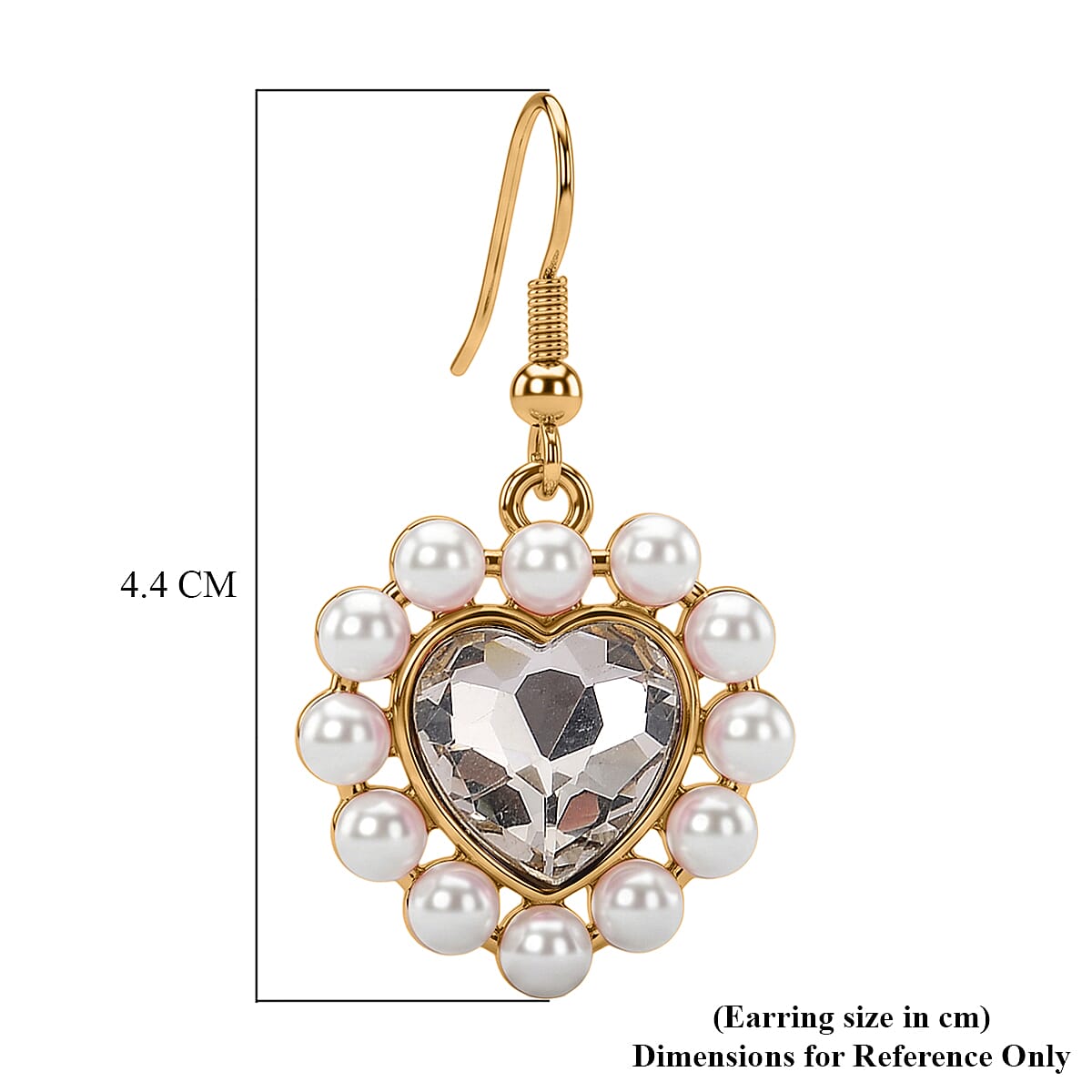 White Shell Pearl & White Crystal Dangling Heart Earring with Hook in Yellow Tone