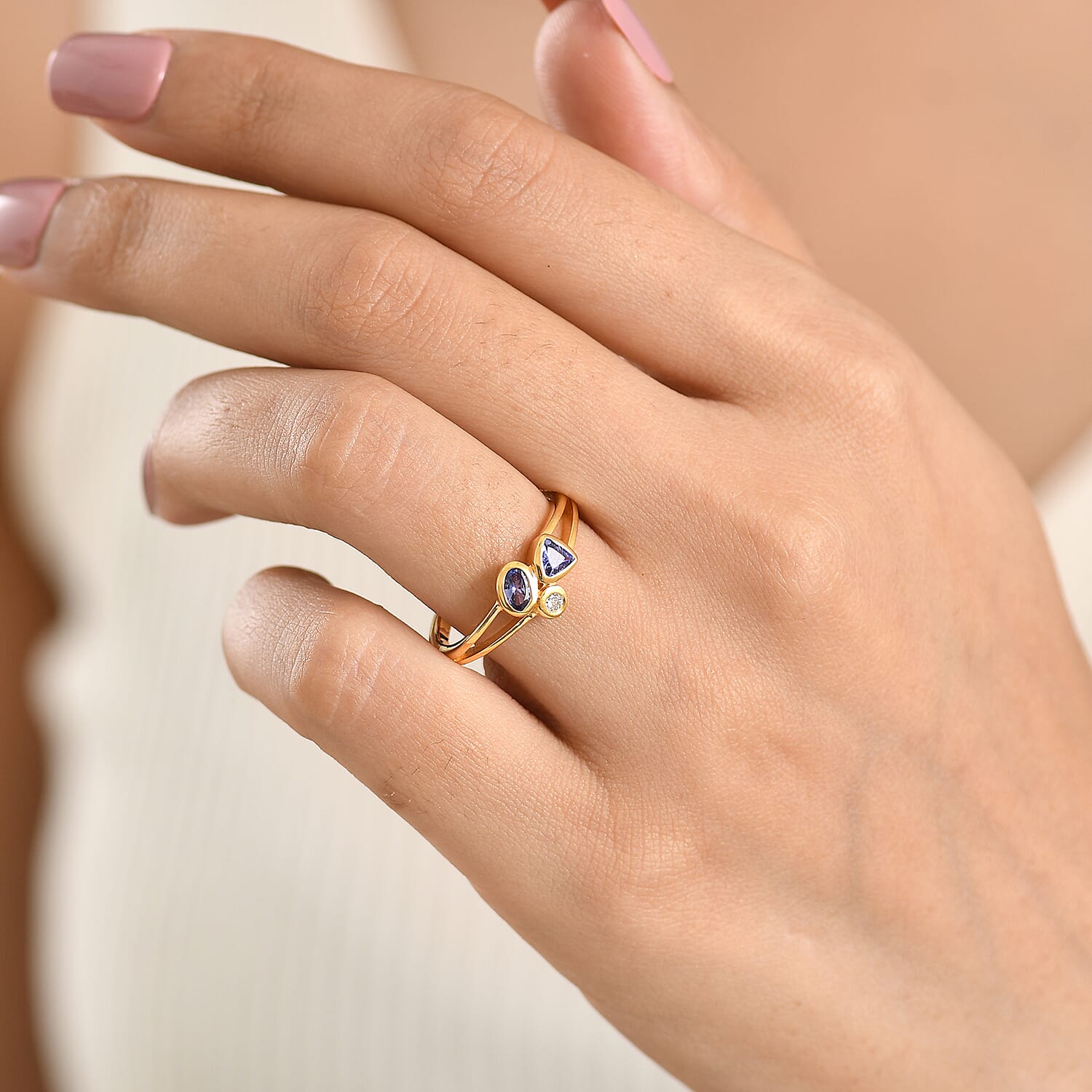 Luxuriant - Tanzanite & Lab Grown Diamond (SI-G-H) Trilogy Ring in Yellow Gold Plated Sterling Silver 0.55 Ct.