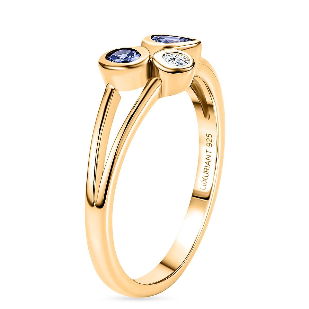 Luxuriant - Tanzanite & Lab Grown Diamond (SI-G-H) Trilogy Ring in Yellow Gold Plated Sterling Silver 0.55 Ct.