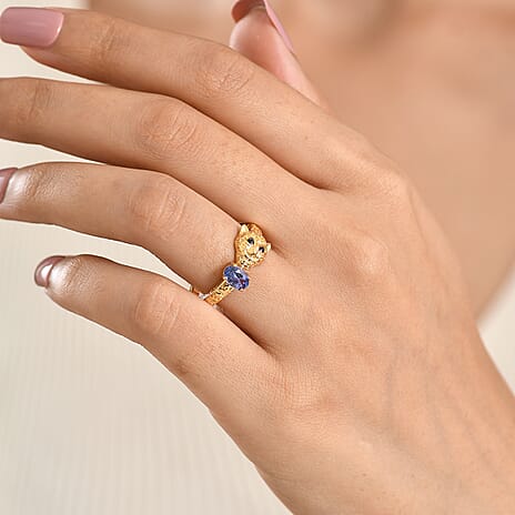 D'Joy - Tanzanite & Black Spinel Living Creature Panther Ring in 18K Vermeil Yellow Gold Plated Sterling Silver