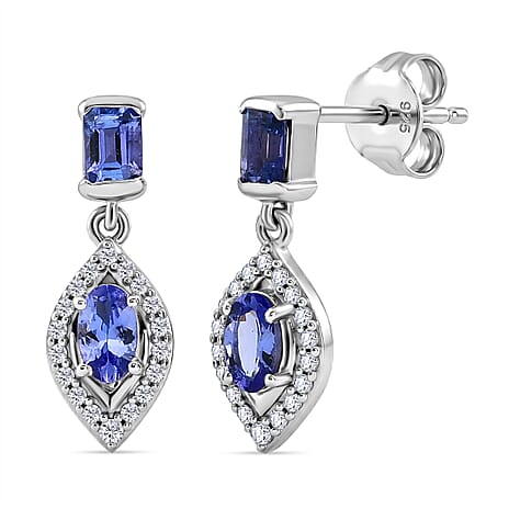 D'Joy - Tanzanite & White Zircon Dangling Earring with Push Post in Rhodium Overlay Sterling Silver 1.30 Ct.