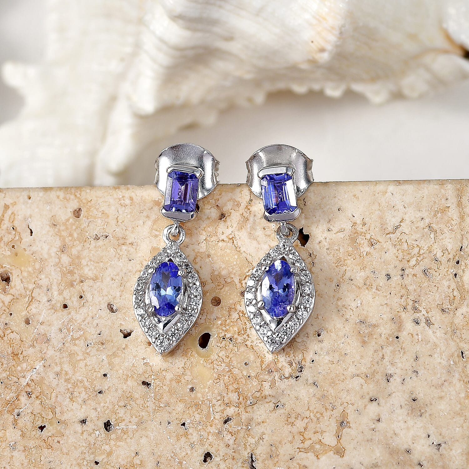 D'Joy - Tanzanite & White Zircon Dangling Earring with Push Post in Rhodium Overlay Sterling Silver 1.30 Ct.