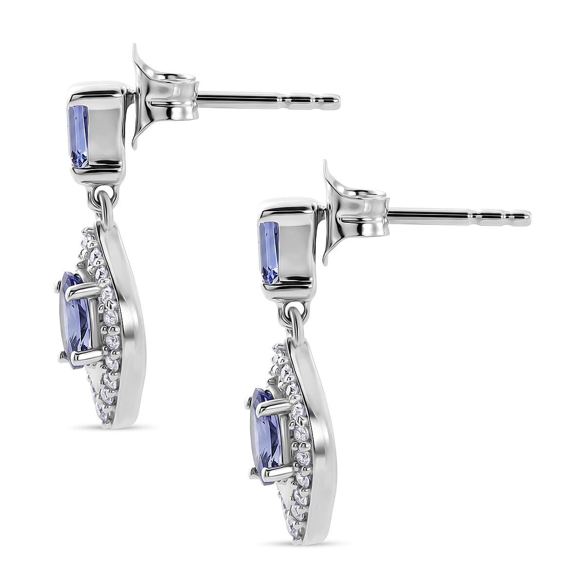 D'Joy - Tanzanite & White Zircon Dangling Earring with Push Post in Rhodium Overlay Sterling Silver 1.30 Ct.