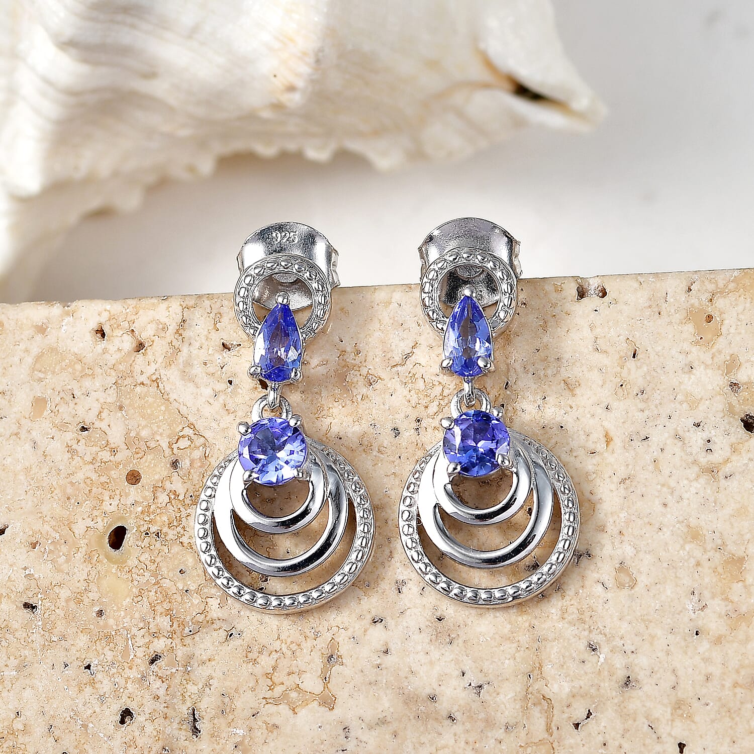 D'Joy - Tanzanite Dangling Earring with Push Post in Rhodium Overlay Sterling Silver