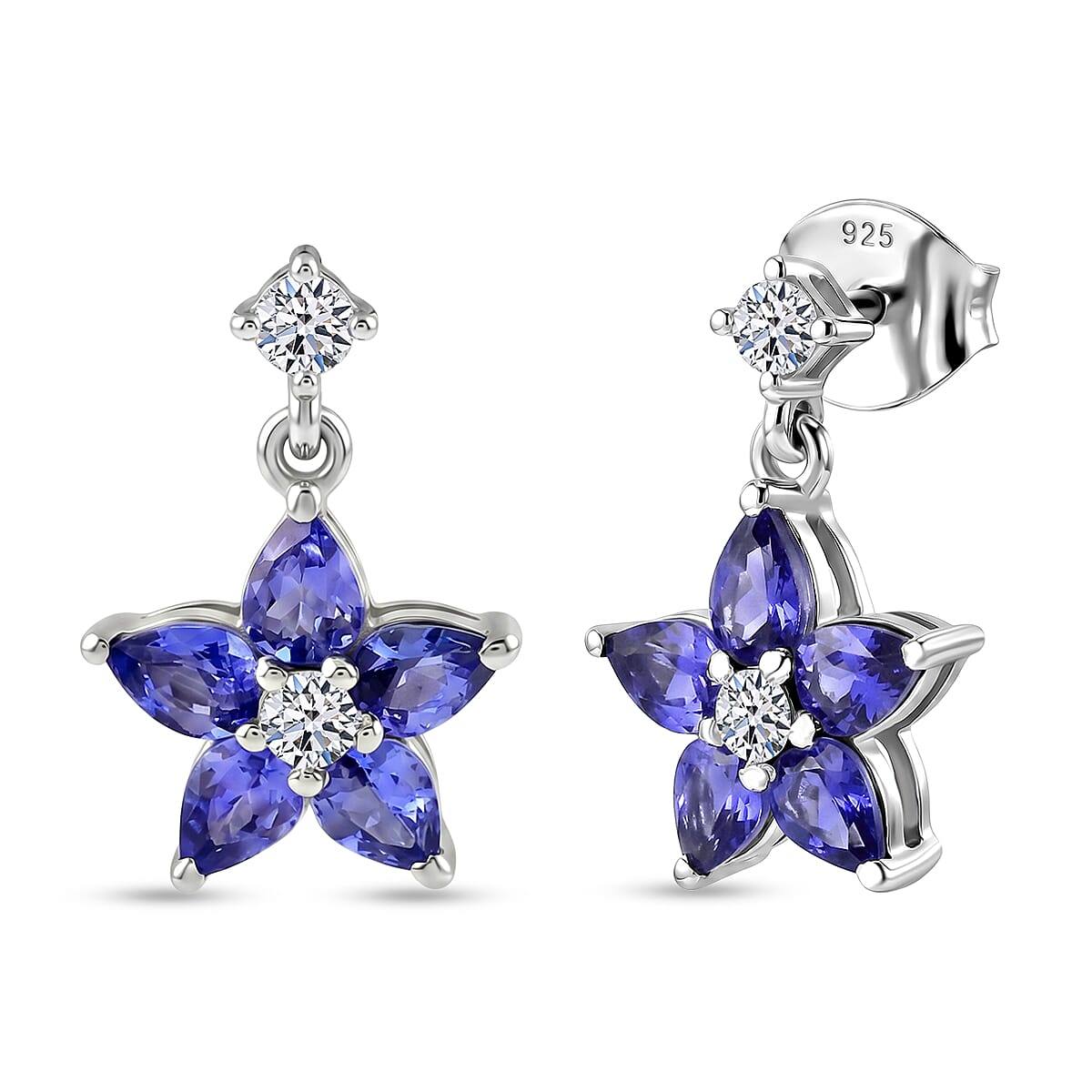 Luxuriant - Tanzanite & Lab Grown Diamond (SI-G-H) Floral Dangling Earring with Push Post in Rhodium Overlay Sterling Silver 2.30 Ct.
