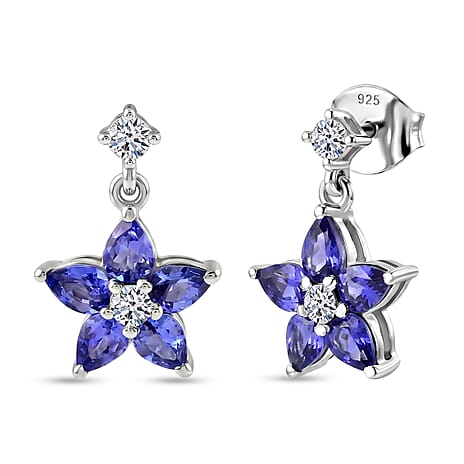 Luxuriant - Tanzanite & Lab Grown Diamond (SI-G-H) Floral Dangling Earring with Push Post in Rhodium Overlay Sterling Silver 2.30 Ct.