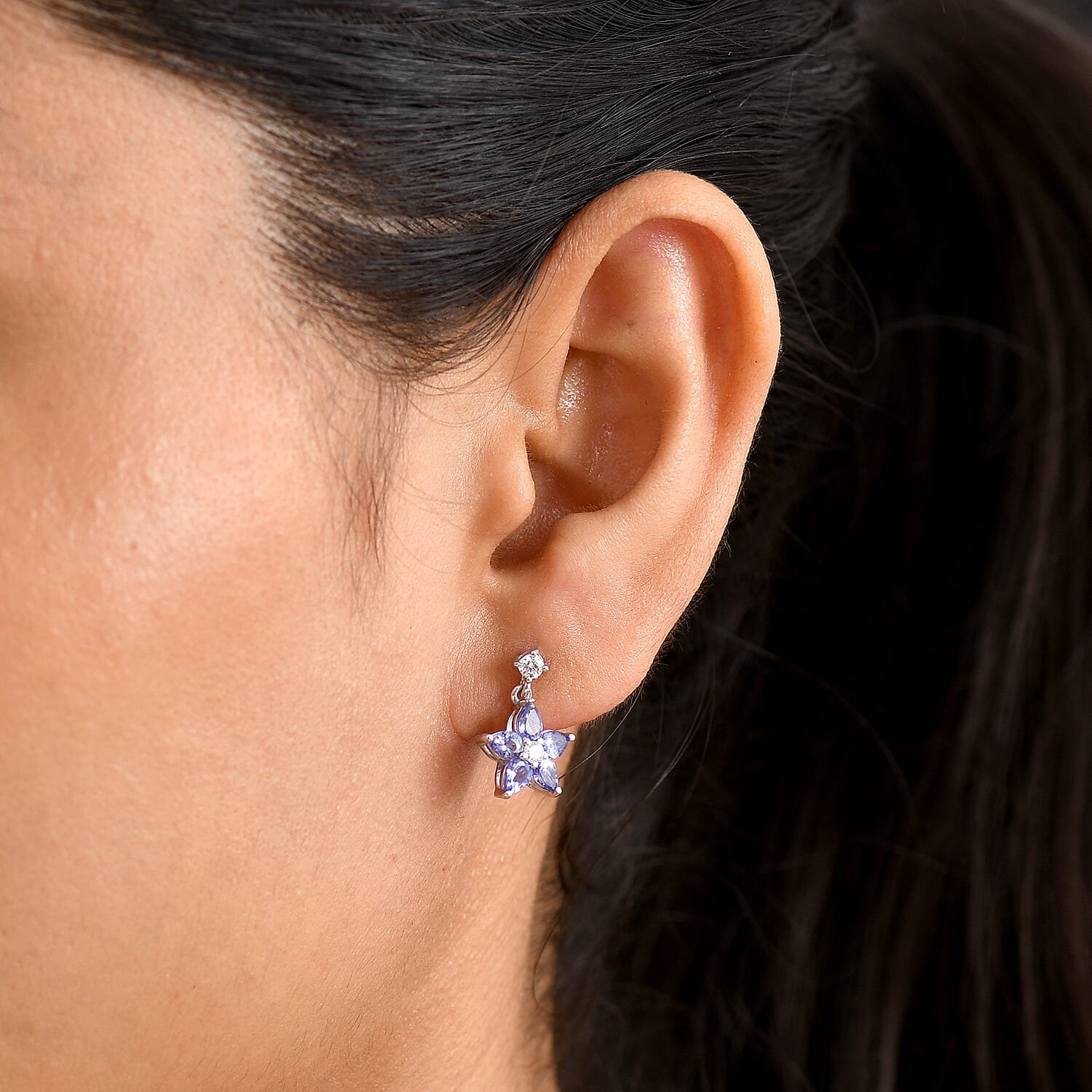 Luxuriant - Tanzanite & Lab Grown Diamond (SI-G-H) Floral Dangling Earring with Push Post in Rhodium Overlay Sterling Silver 2.30 Ct.