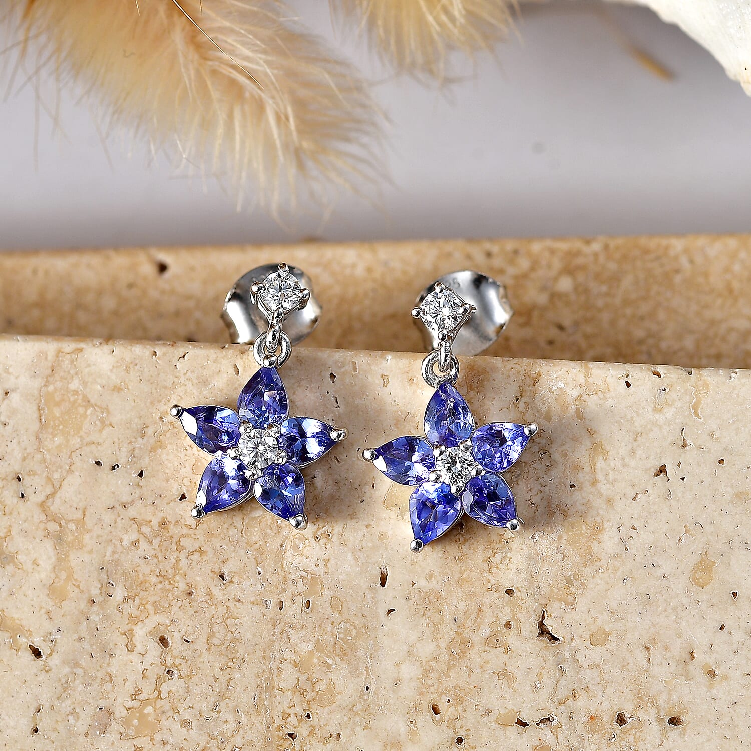 Luxuriant - Tanzanite & Lab Grown Diamond (SI-G-H) Floral Dangling Earring with Push Post in Rhodium Overlay Sterling Silver 2.30 Ct.