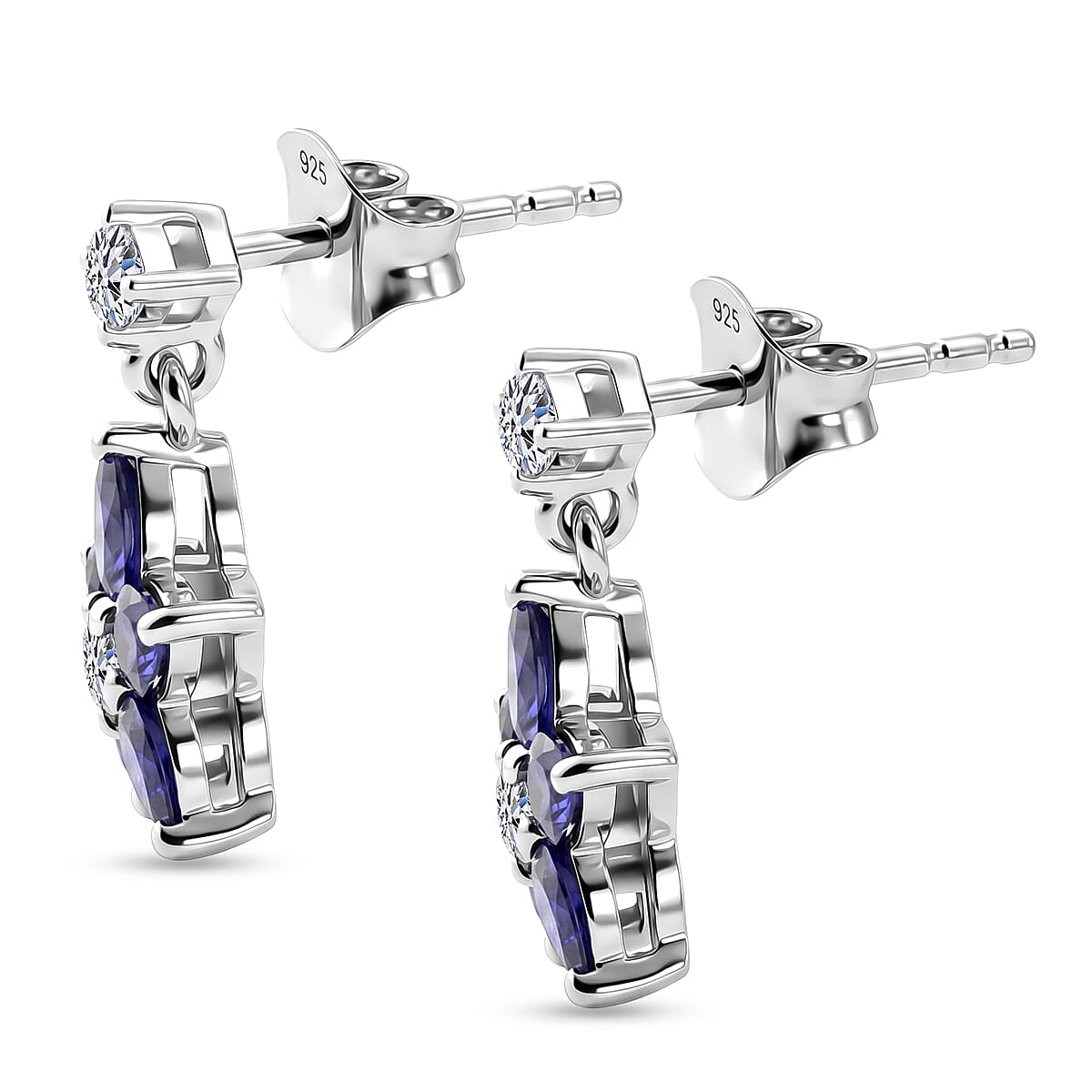 Luxuriant - Tanzanite & Lab Grown Diamond (SI-G-H) Floral Dangling Earring with Push Post in Rhodium Overlay Sterling Silver 2.30 Ct.