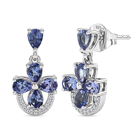 D'Joy - Tanzanite & White Zircon Floral Dangling Earring with Push Post in Rhodium Overlay Sterling Silver 1.75 Ct.
