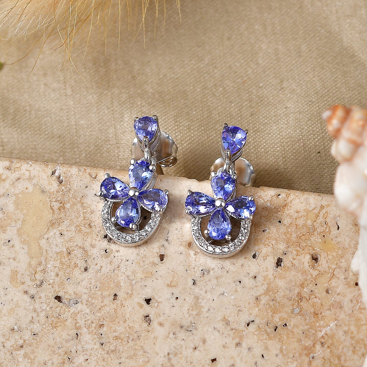 D'Joy - Tanzanite & White Zircon Floral Dangling Earring with Push Post in Rhodium Overlay Sterling Silver 1.75 Ct.