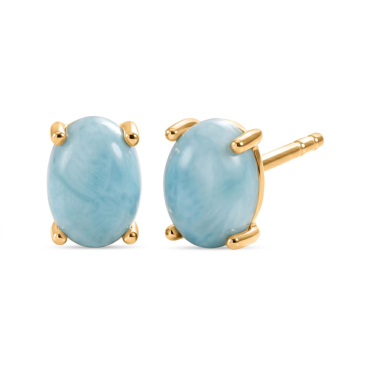 D'Joy - Larimar Solitaire Stud Push Post Earring in Yellow Gold Plated Sterling Silver 1.90 Ct.