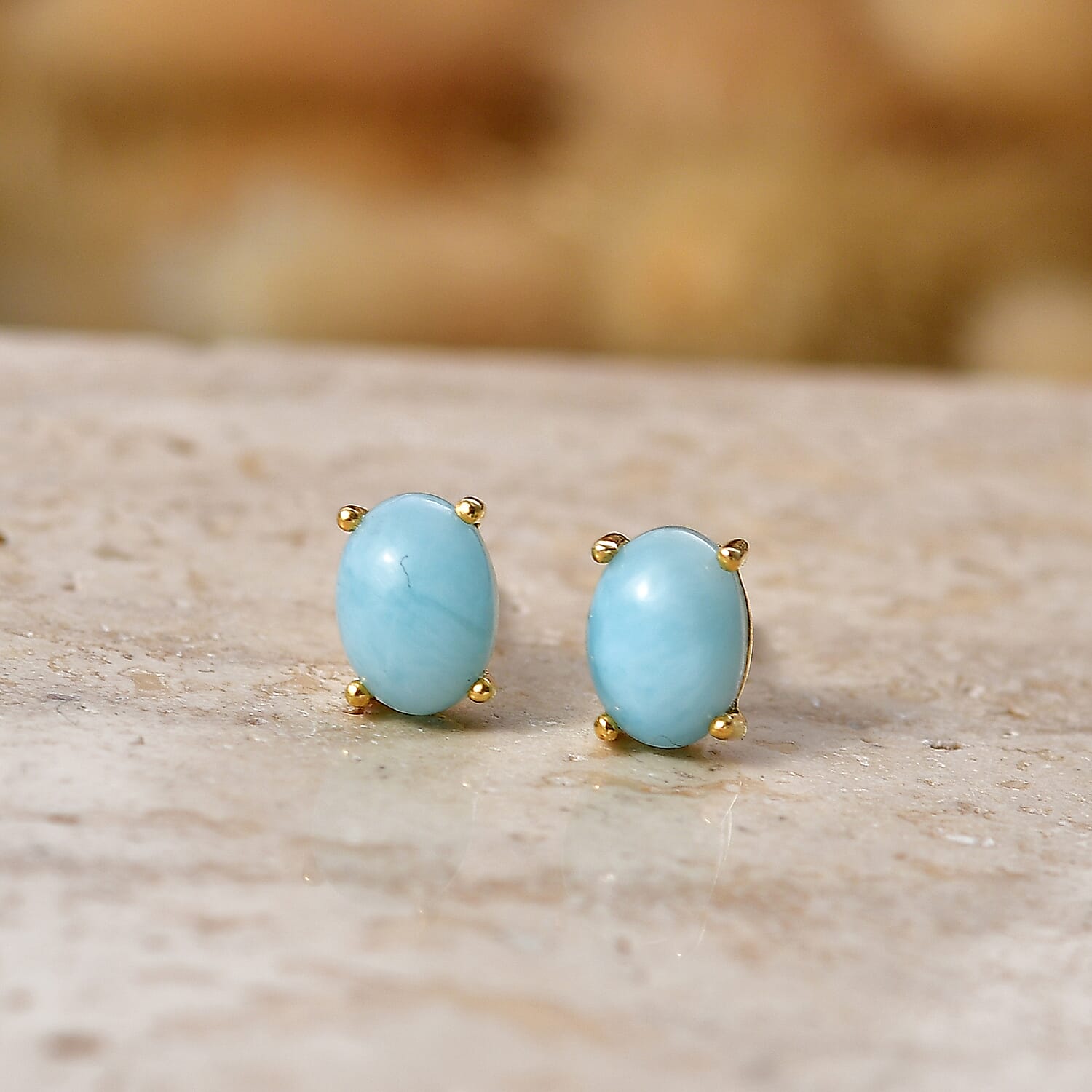 D'Joy - Larimar Solitaire Stud Push Post Earring in Yellow Gold Plated Sterling Silver 1.90 Ct.
