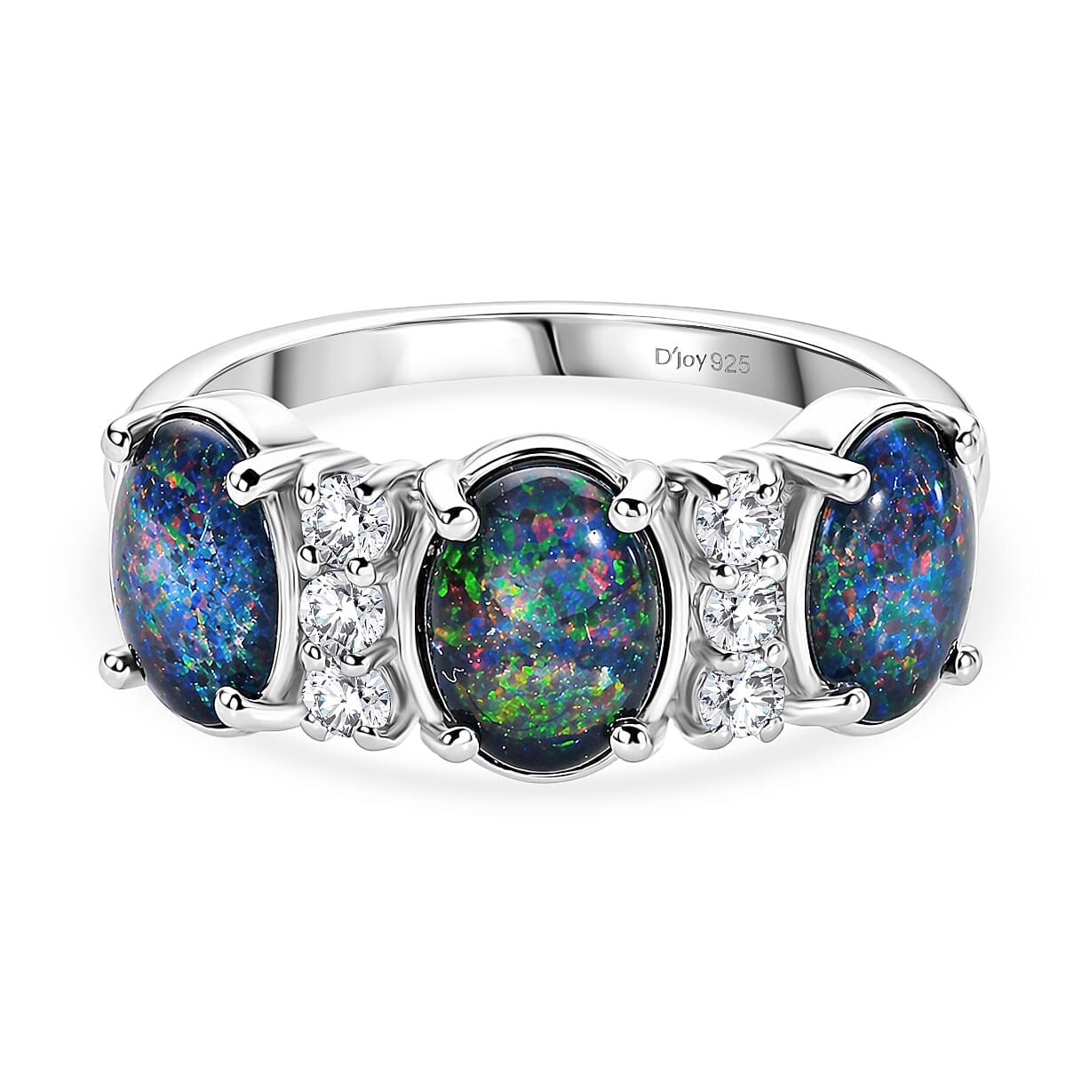 D'Joy - Boulder Opal Triplet & White Zircon 3 Stone Ring in Rhodium Overlay Sterling Silver 2.85 Ct.
